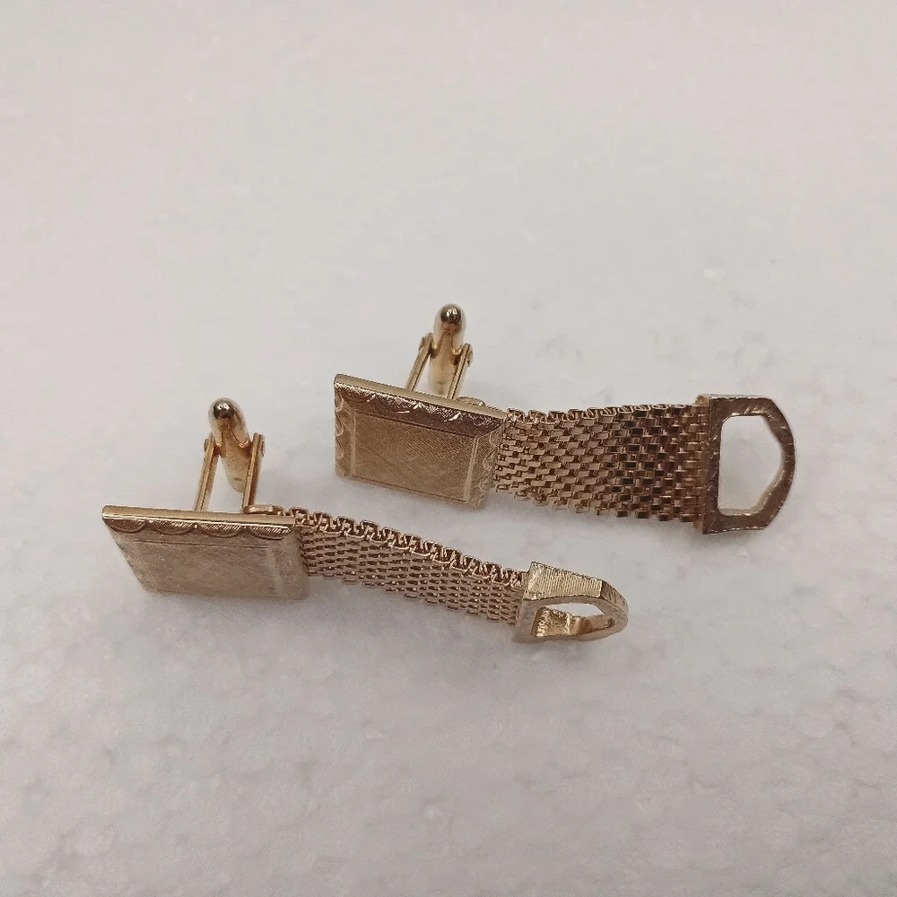 Vintage Textured Square Gold Tone Mesh Wrap Around Cufflinks Can Be Monogramed
